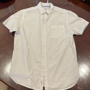 white with blue polka dots button down